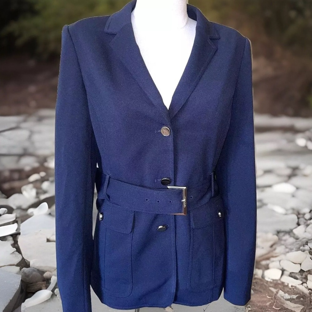 Calvin Klein Black Gold Buckle Belted Button Front Blazer Jacket